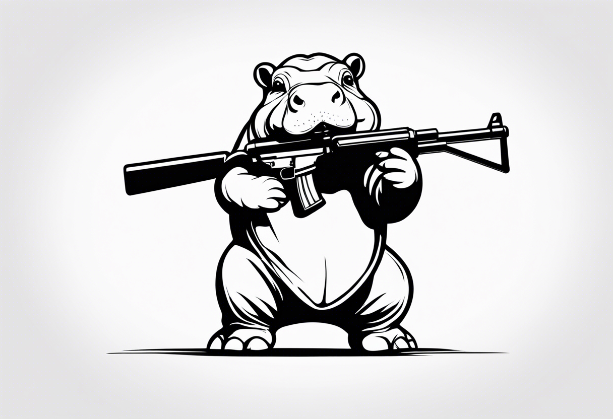 Baby hippo wearing a diaper and holding a sniper rifle tattoo idea