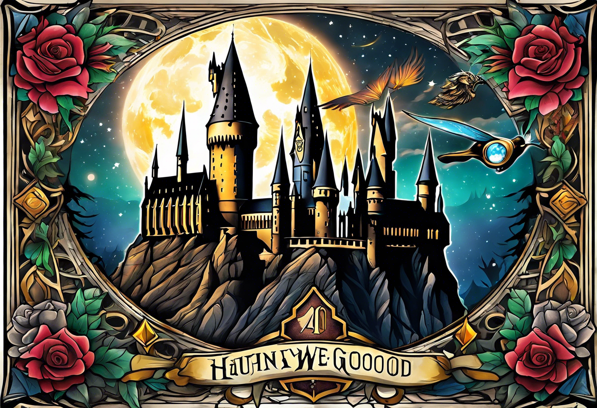 Harry Potter themed full sleeve. Include the Hogwarts castle, a golden snitch, the flying ford angler, the Ravenclaw house crest, and Luna Lovegood. tattoo idea