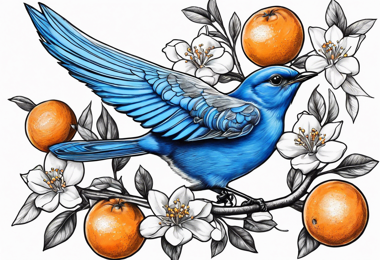 bluebird in flight with an orange blossom branch in its mouth tattoo idea
