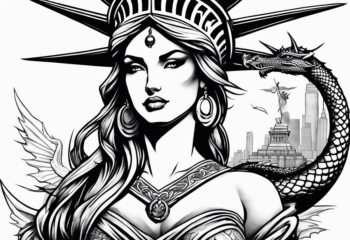 Hot girl as Statue of Liberty with dragon protecting her tattoo idea