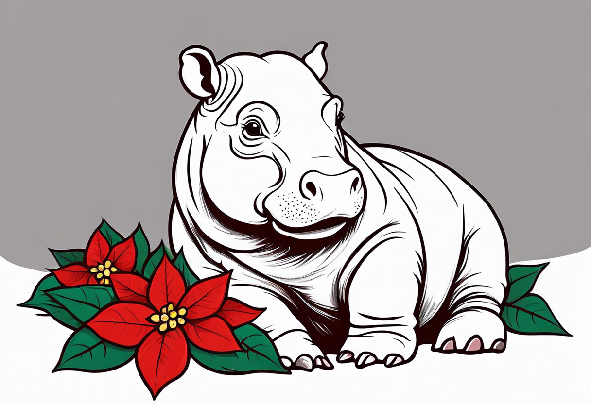 Baby hippo with poinsettia tattoo idea