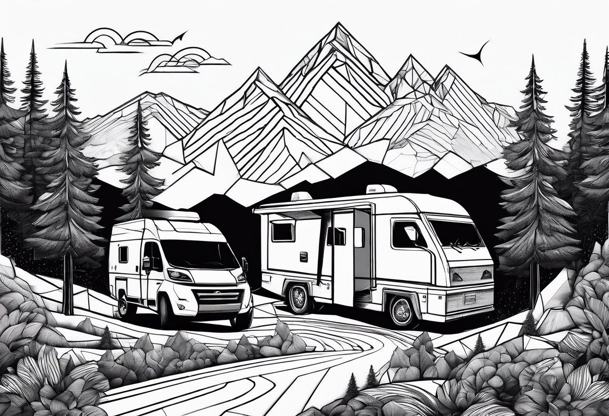 geometric mountains with an rv/truck and trees tattoo idea