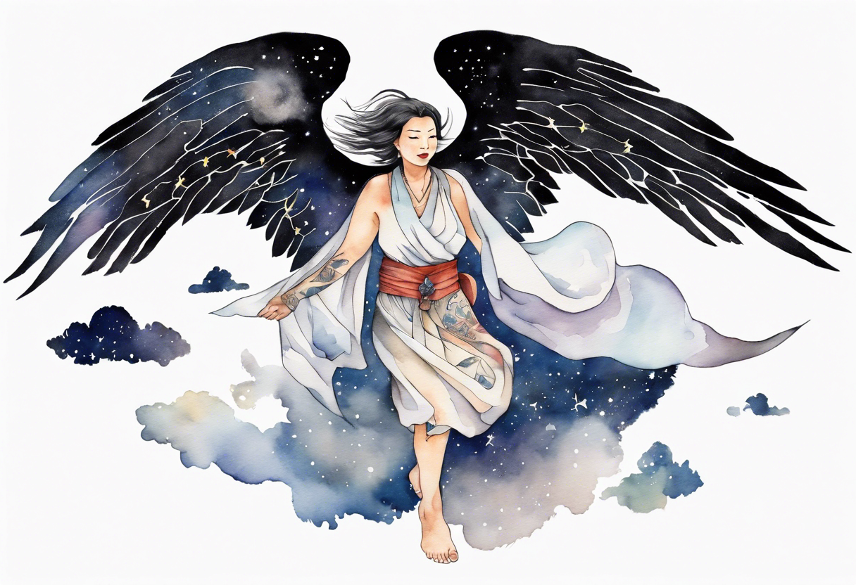 a beautiful 55 year old Dakota woman wearing a tunic, flying in the night sky with black wings, bare feet tattoo idea