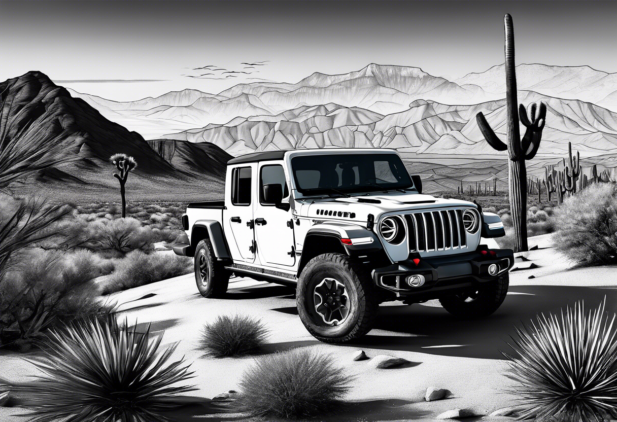 Desert mountain with a donkey and a Joshua tree. J
Jeep gladiator in the background tattoo idea