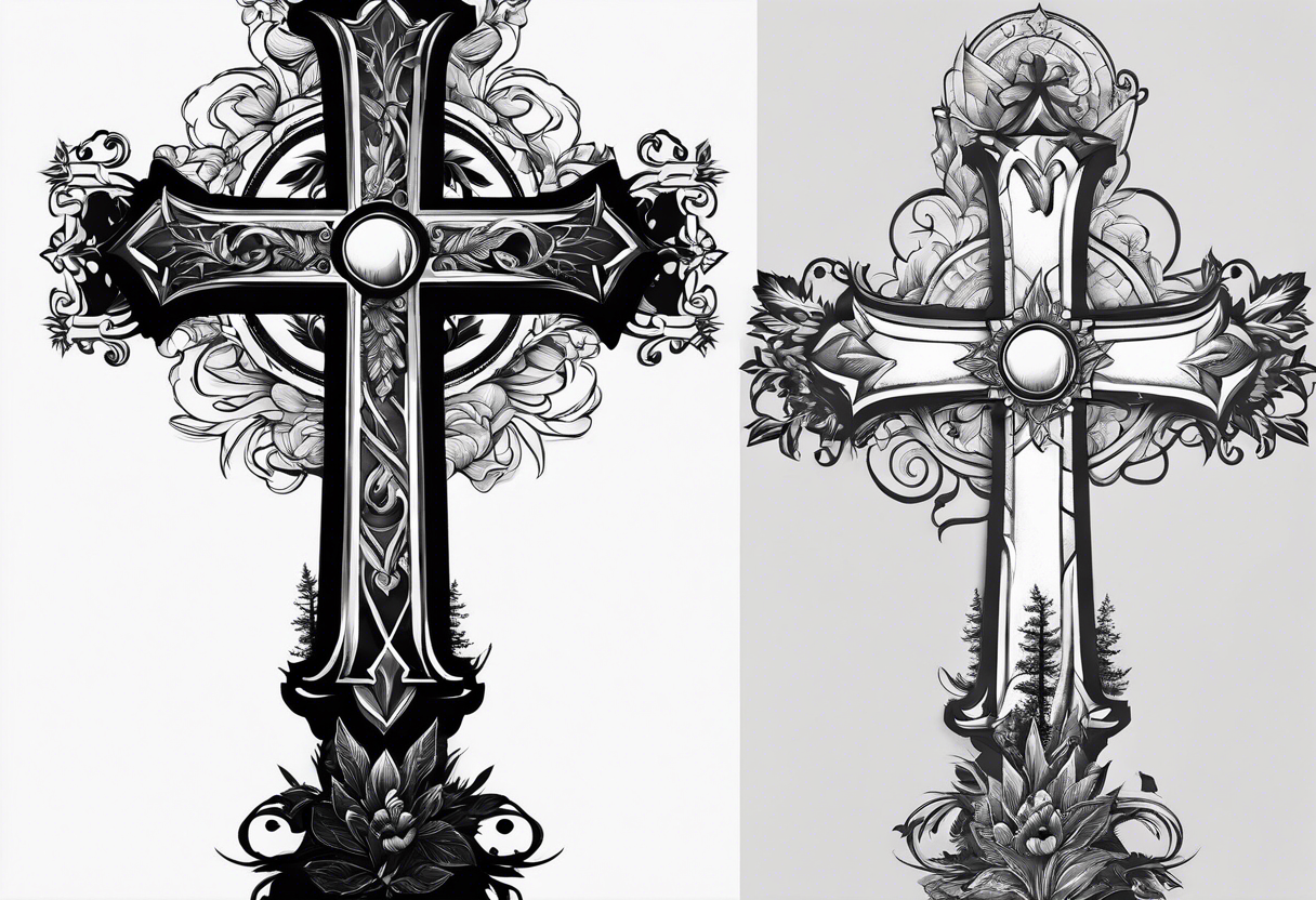 A cross at the end of the forest tattoo idea