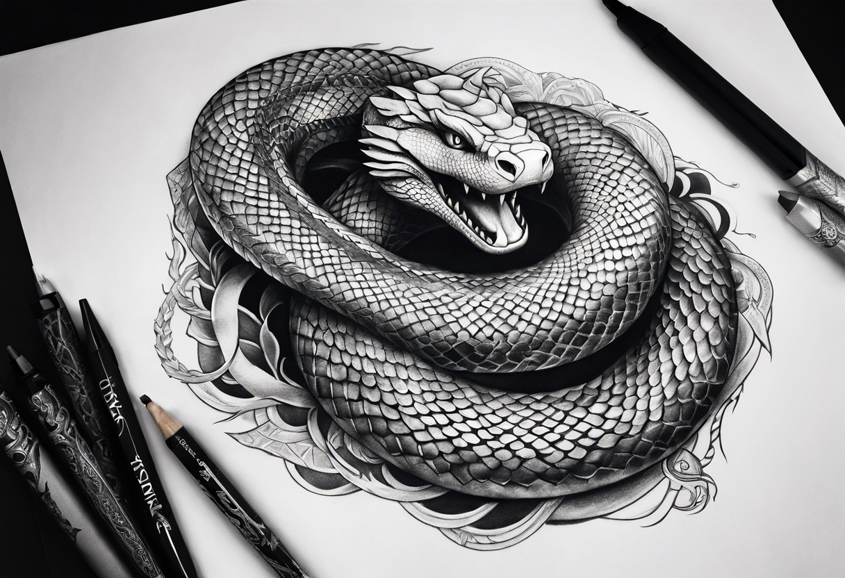 a Sleeve tattoo of jörmungandr, the mythical giant snake from god of war the game going from shoulder to bicep tattoo idea