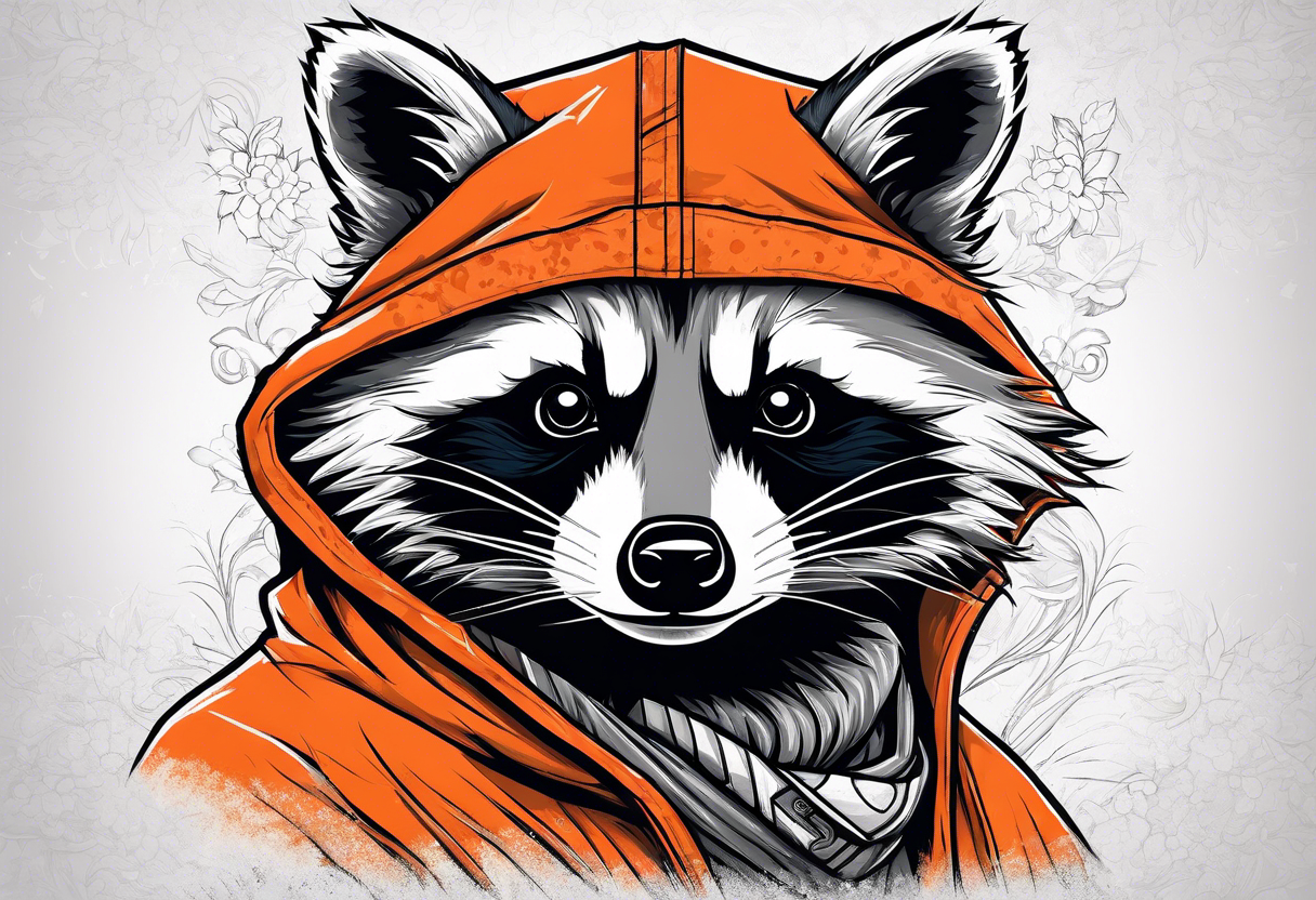 Raccoon wearing an orange Superman hoodie tattoo idea