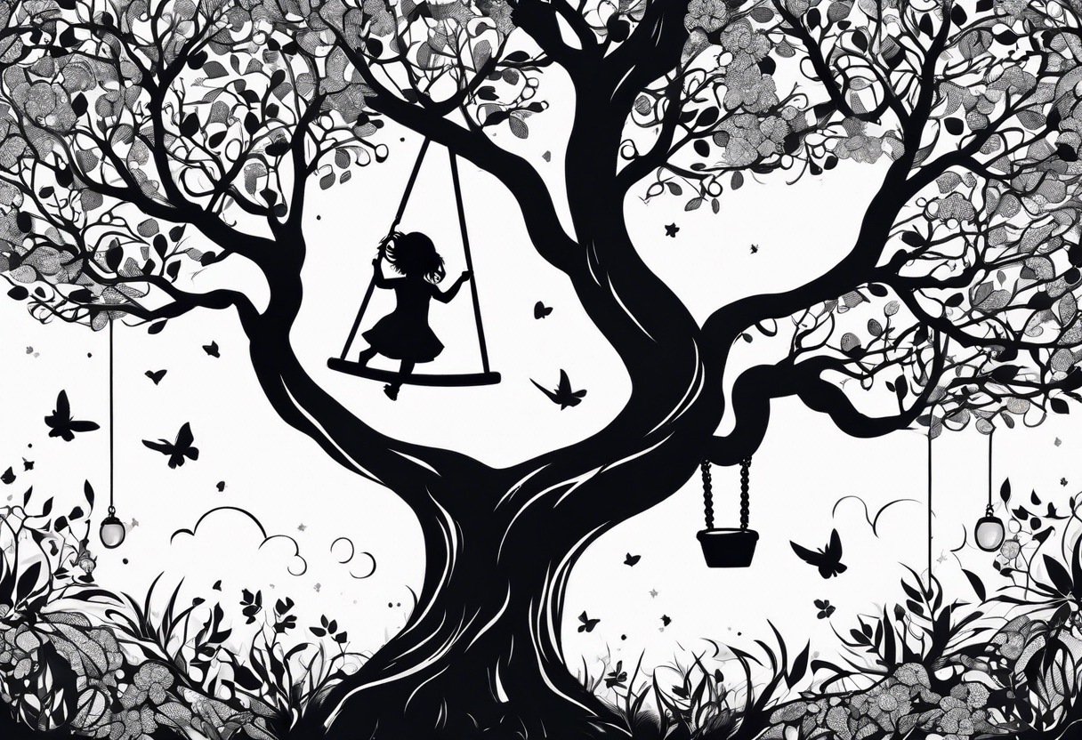 little girl swinging under a tree of life tattoo idea