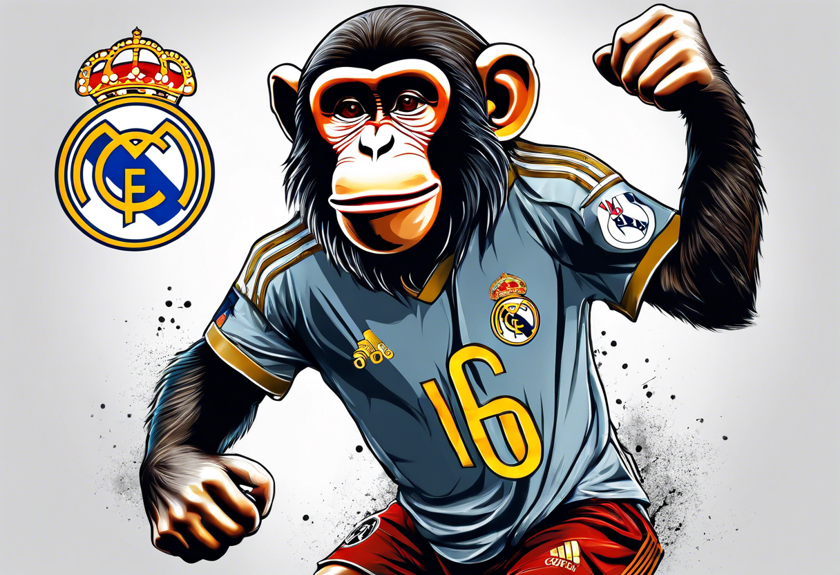 monkey with real madrid shirt celebrating soccer goal tattoo idea