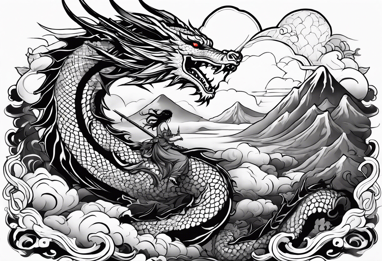 beautiful warrior nymph riding a dragon and the background will be mountains, clouds, and a Japanese building tattoo idea