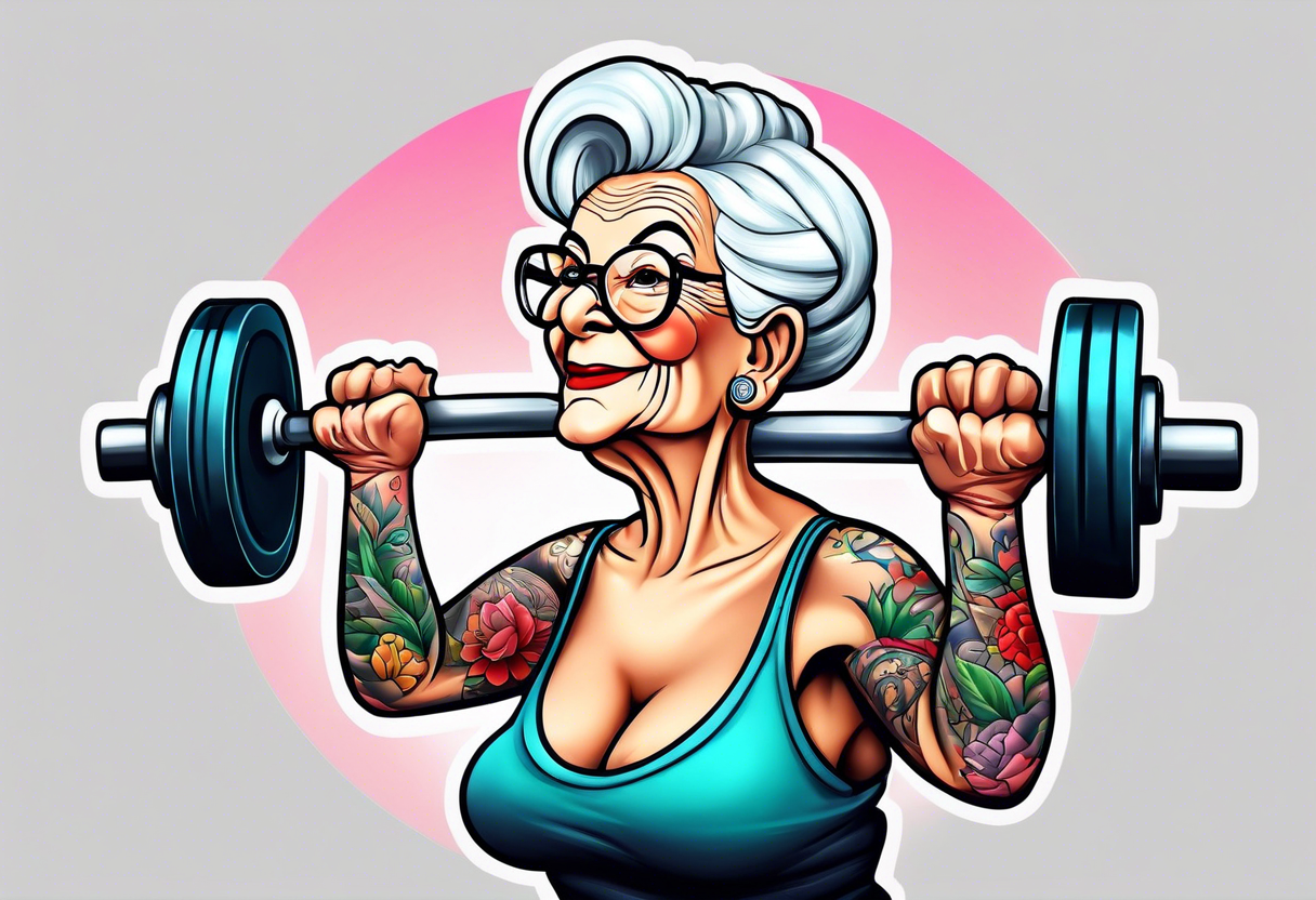 Strong old lady lifting weights. tattoo idea