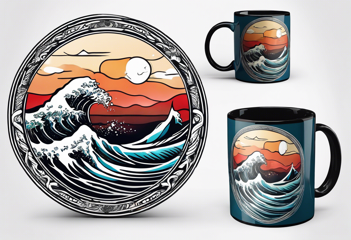 Circular retro design with coffee mug and ocean wave on mug tattoo idea