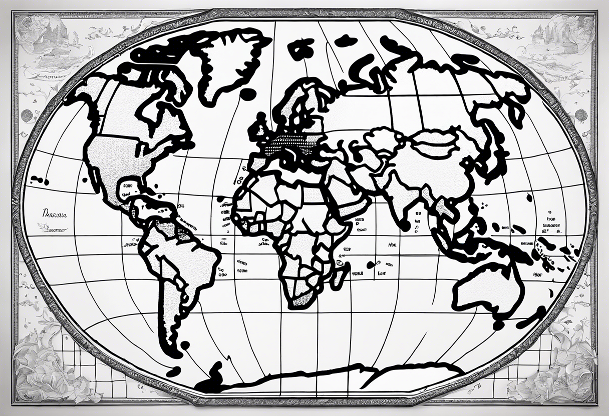 the earth with accurate borders of countries on a flat map design without bold borders with very light shading placed on a grid which only has the lines tattoo idea