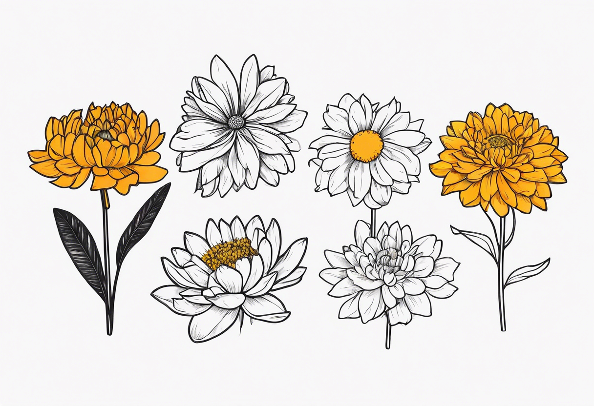 marigold, chrysanthemum, and 
narcissus side by side tattoo idea