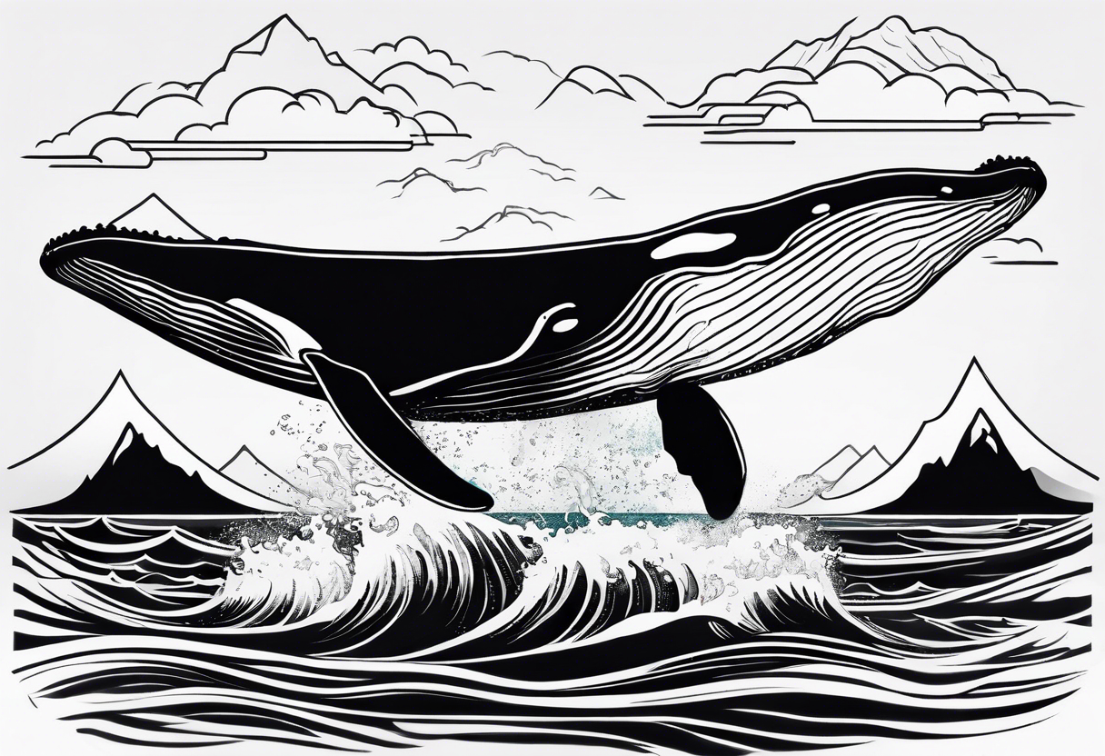 humpback whale with a mountain scene drawn on its tail tattoo idea