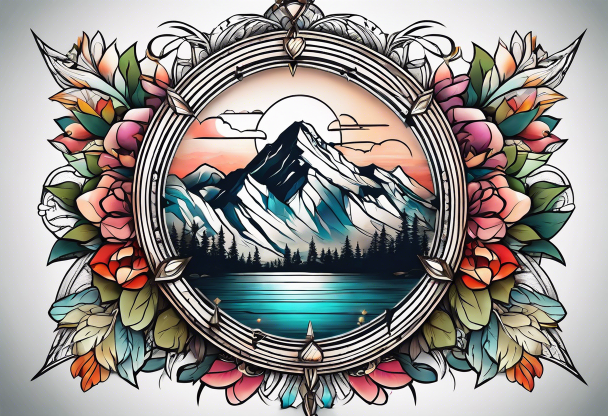 Feminine adventure, mountain scape, compass, large tattoo idea