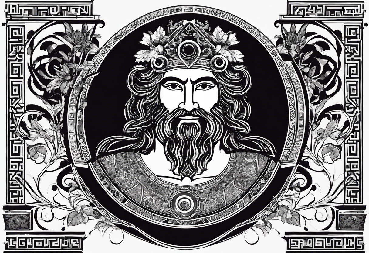 greek god dionysus holding a theatre mask. Surrounded by ancient greek geometrical patterns. I want the whole tattoo to be in ancient greek style tattoo idea