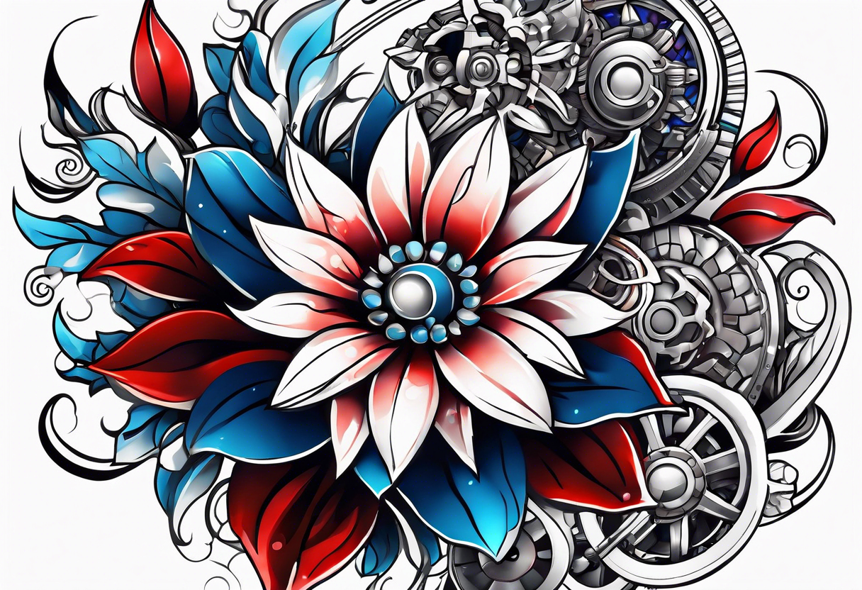 Mechanical flowers with blue and red accents tattoo idea