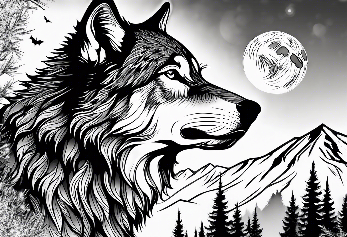 Wolf head in front of snowy mountains howling at a moon tattoo idea