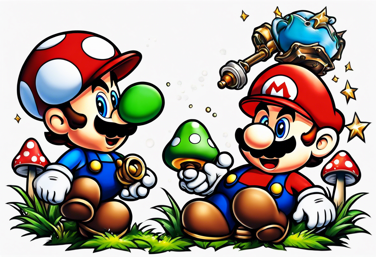 Mario brothers with toadstool and cannons and bombs tattoo idea