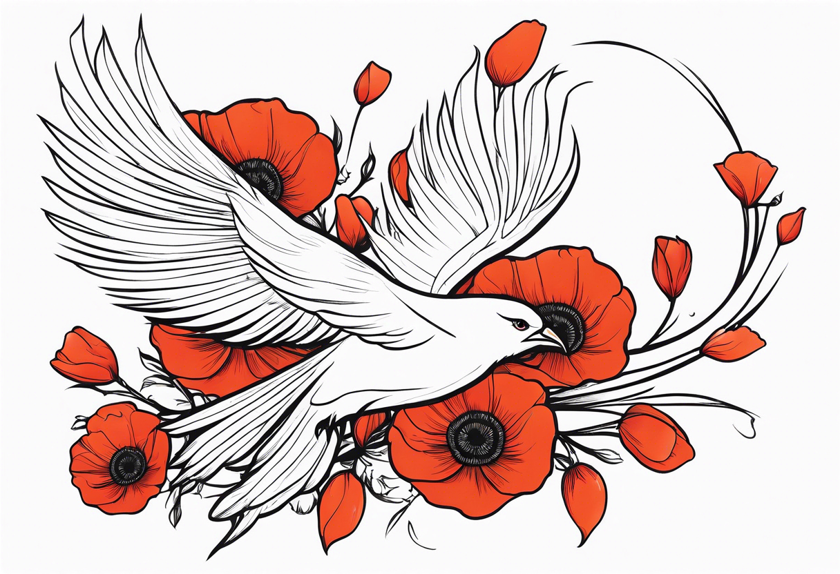 elongated phoenix in flight 
in profile long tail with claws holding poppies falling tattoo idea