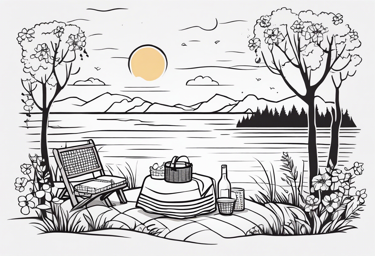 picnic scene in nature by a lake with bushes, tress and flowers, with a shecker blanket, a picnic basket, pillows and a sun in the sky tattoo idea