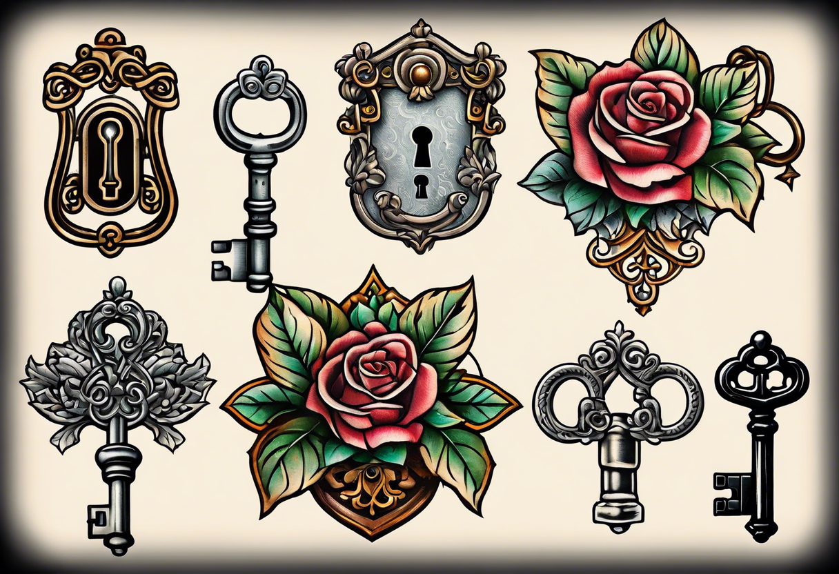 couple tattoos of an old antique key and lock, when the tattoos are side by side they look like the key unlocks the lock. tattoo idea