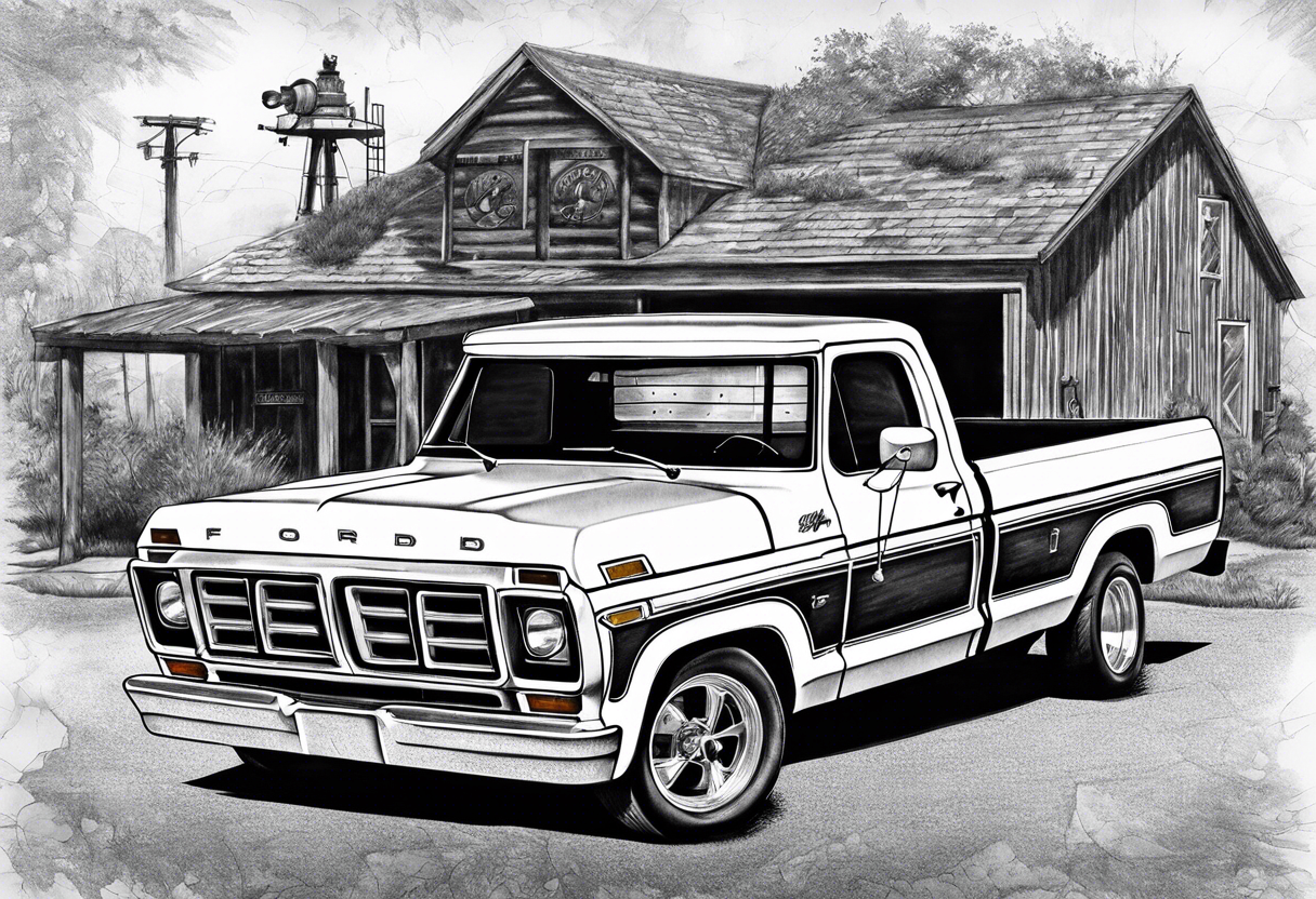 1974 ford f-100 in front of oil jack tattoo idea