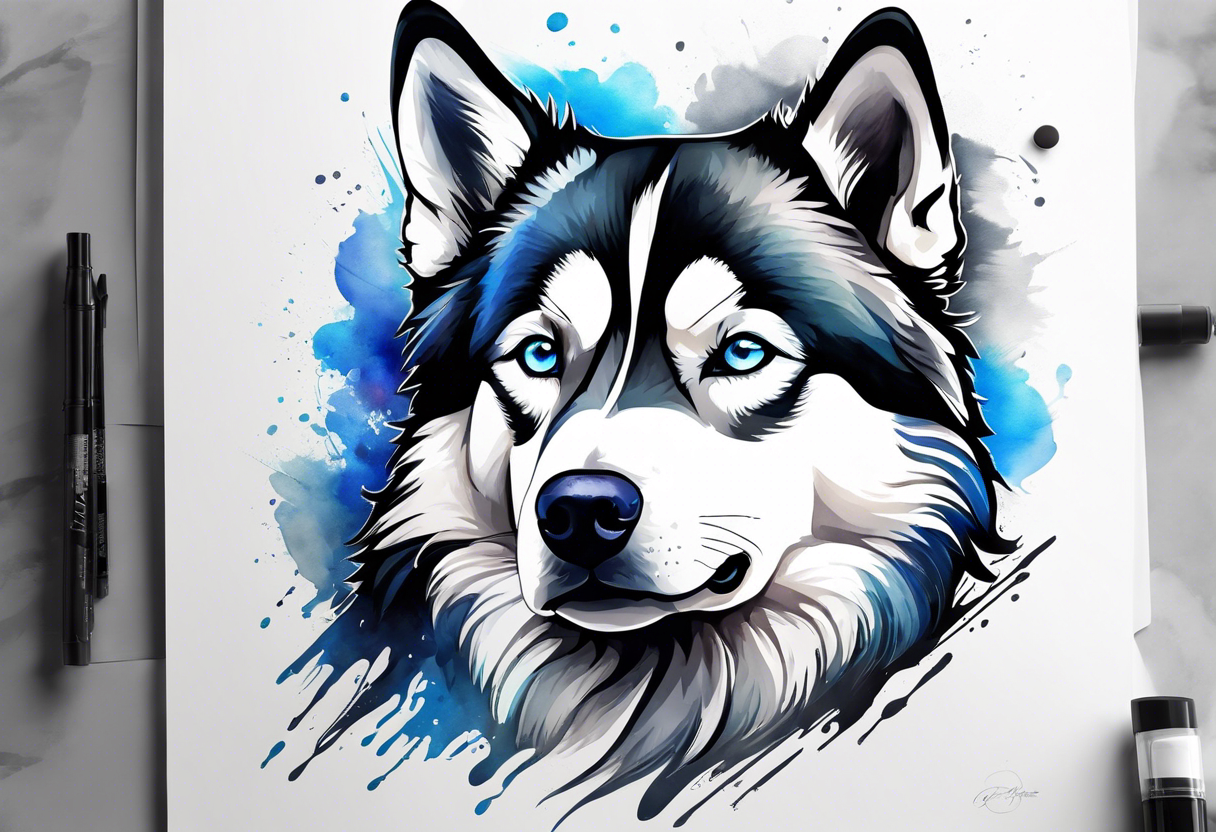 Thigh piece. A black and white Siberian husky with blue eyes. The face should be split in half with one half watercolor and one half geometric. tattoo idea