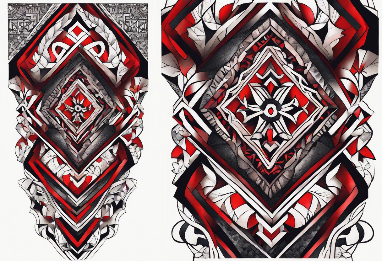 semi Detailed neo traditional knee tattoo on paper. The tattoo features geometric patterns and bold lines, creating a visually striking design with slight tints of deep red. tattoo idea