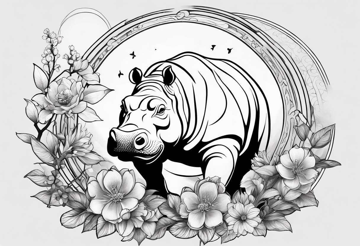 Very asymmetrical, +geometric pattern, with realistic full moon, with seeious looking hippo, +zen feel, + Buddhism touch,
with wintersweet flower bud, +portrait orientation, +inkart touch, tattoo idea