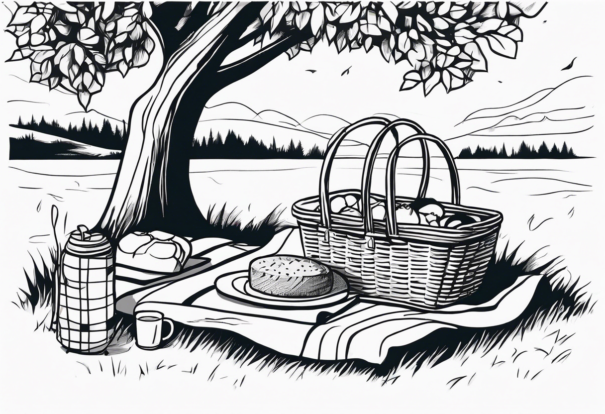 Very fine-lined minimalstic picnic scene in nature. A blanket on the ground with one picnic-basket with lid, one backpack, pillows and party tennants in the trees. tattoo idea