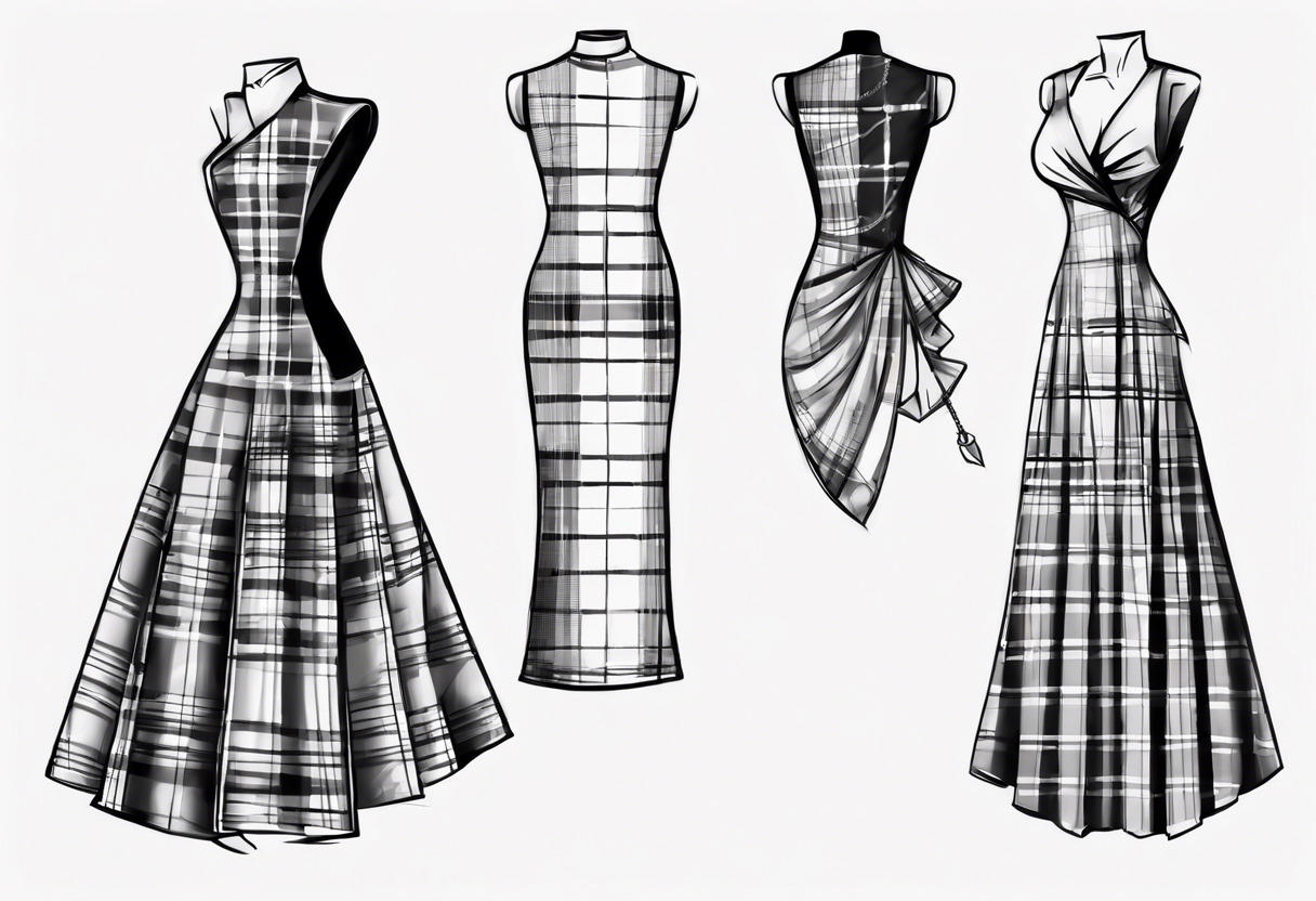 sketch of a tartan dress tilted to the left
 on a tailor's model tattoo idea