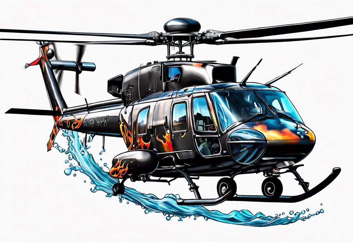 a helicopter dropping water on a fire with a bucket tattoo idea