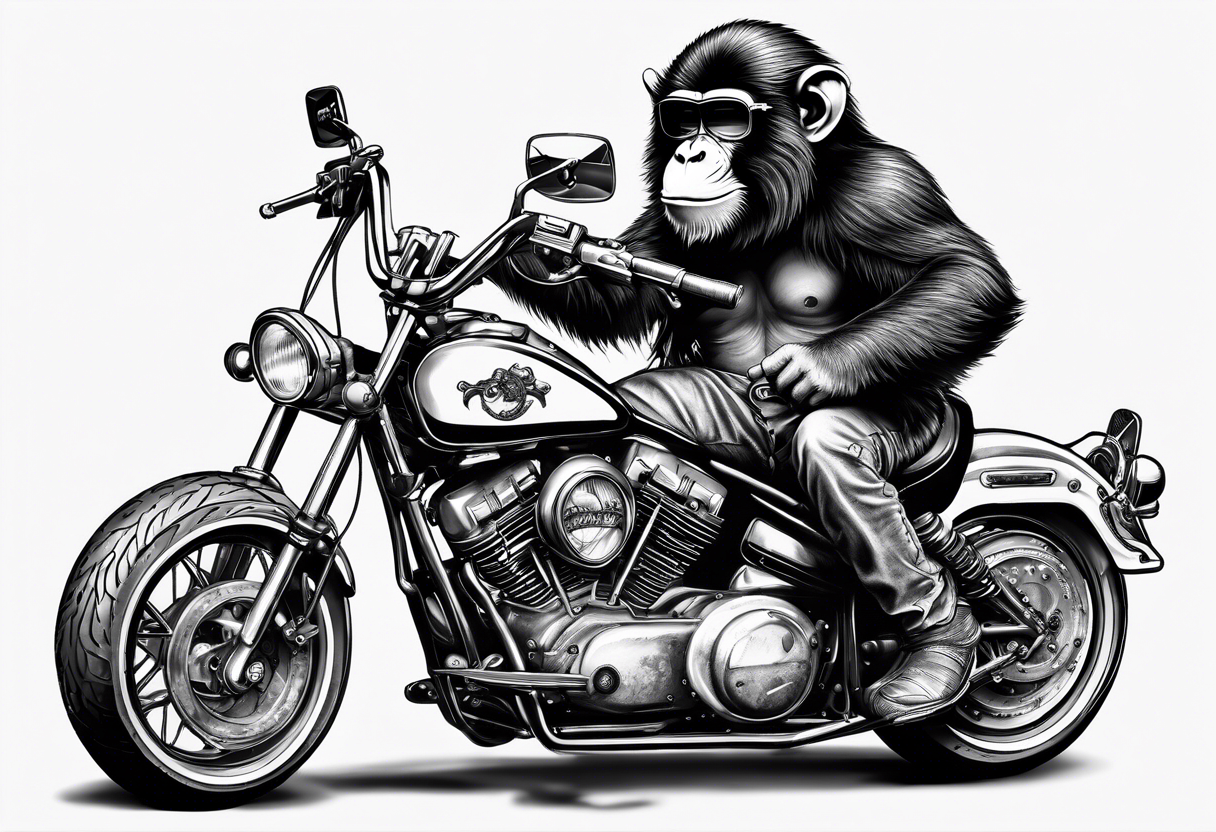 Monkey riding a chopper motorcycle with sunglasses on, a cigarette hanging out of his mouth tattoo idea