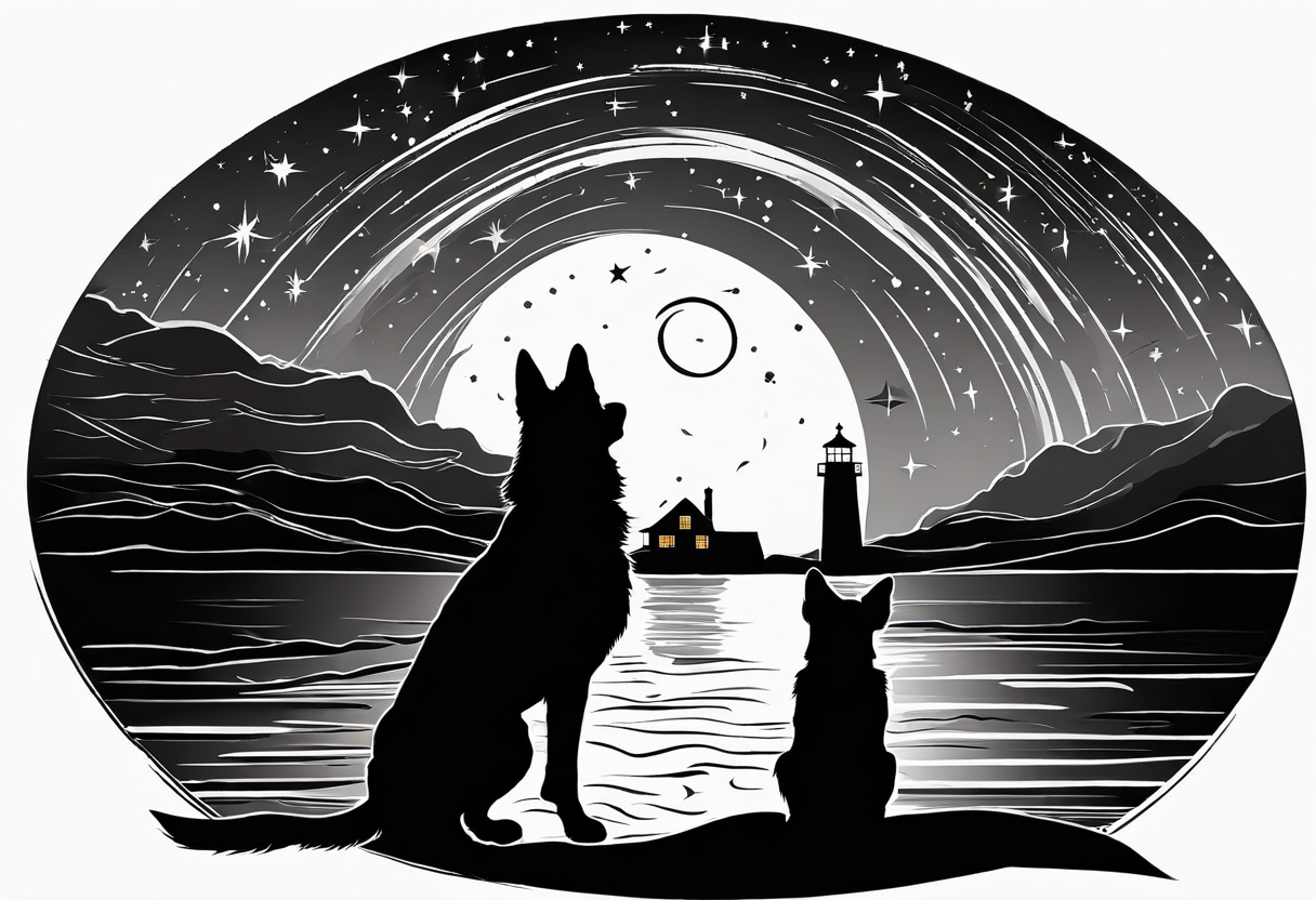 A silhouette of a german shephard, and a human male, looking up at a night sky in the style of Van Gogh Starry Night with a lighthouse in the background. Make the image twice as tall as it is wide. tattoo idea