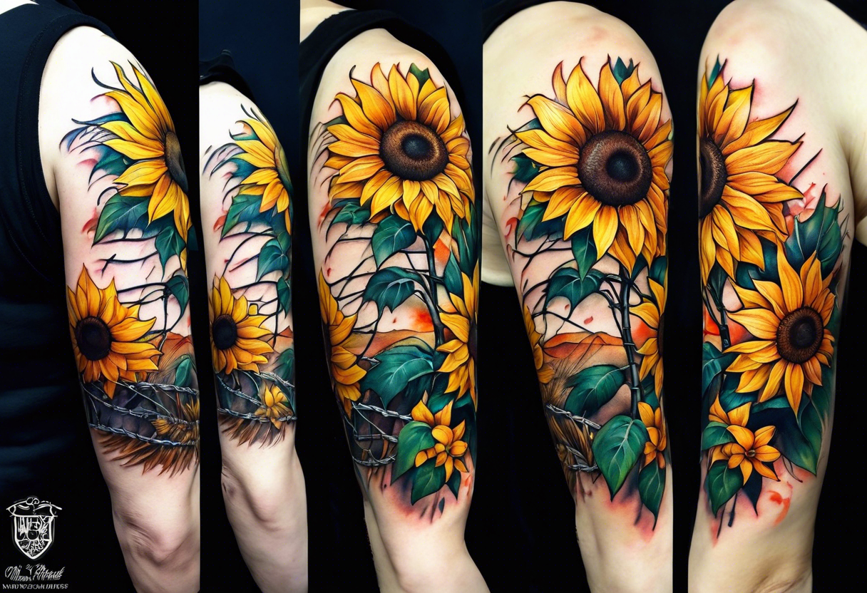 Sunflower, wheat, and barbed wire half sleeve tattoo idea