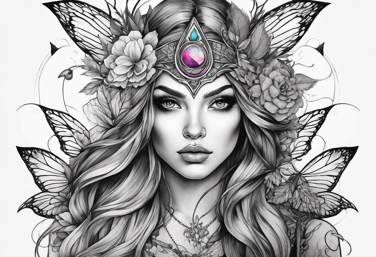 A fairy/witch with a Lot of collors, make It look mystic and really colorful tattoo idea