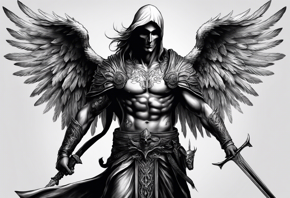 realistic full body of man angel of death, without face, holding sword tattoo idea