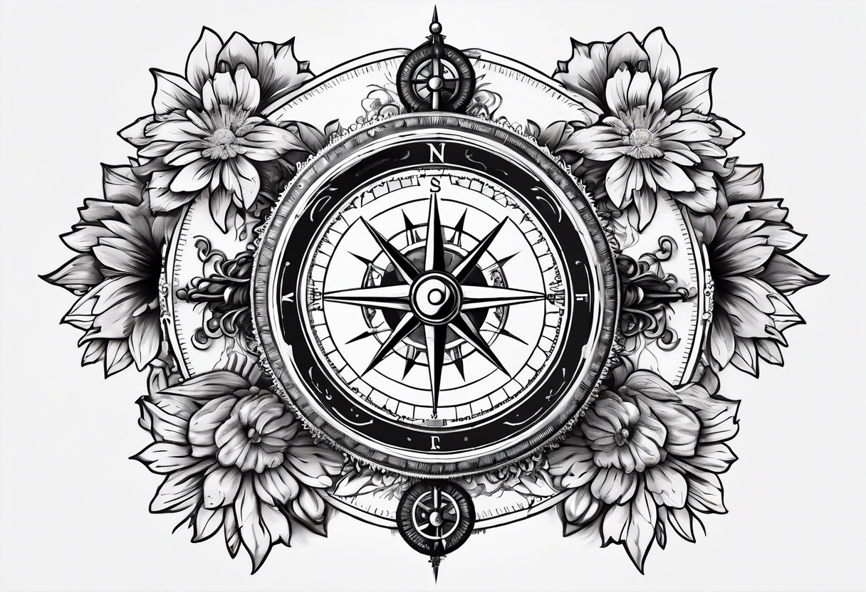 A Vintage compass with gears and marigold flower behind the compass. tattoo idea