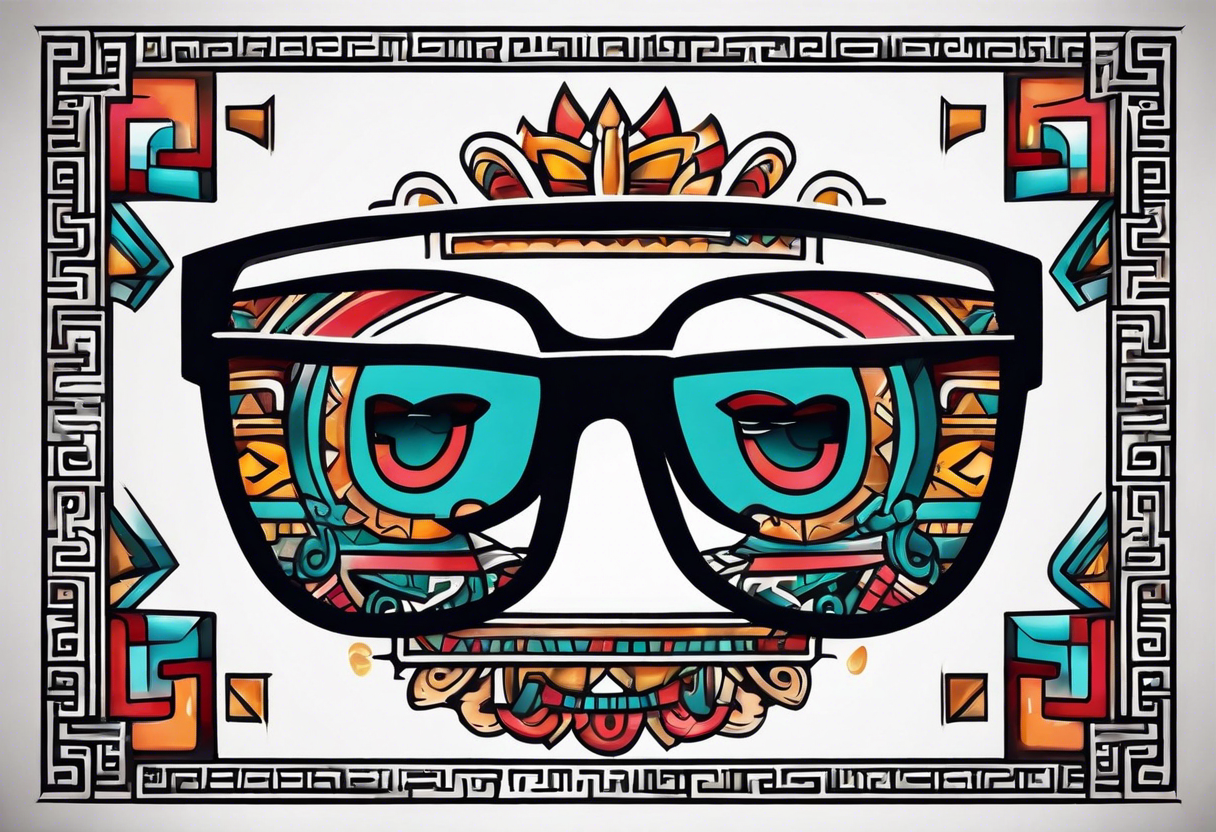 Colorful simple realistic Mayan hieroglyph wearing sunglasses tattoo idea