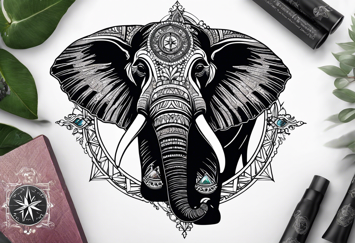 Feminine compass with an elephant incorporated into the design tattoo idea