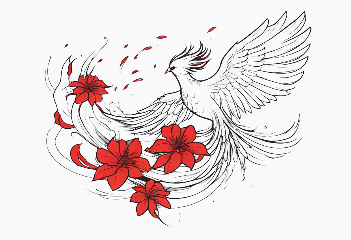 elongated phoenix in profile with claws holding red flowers falling tattoo idea