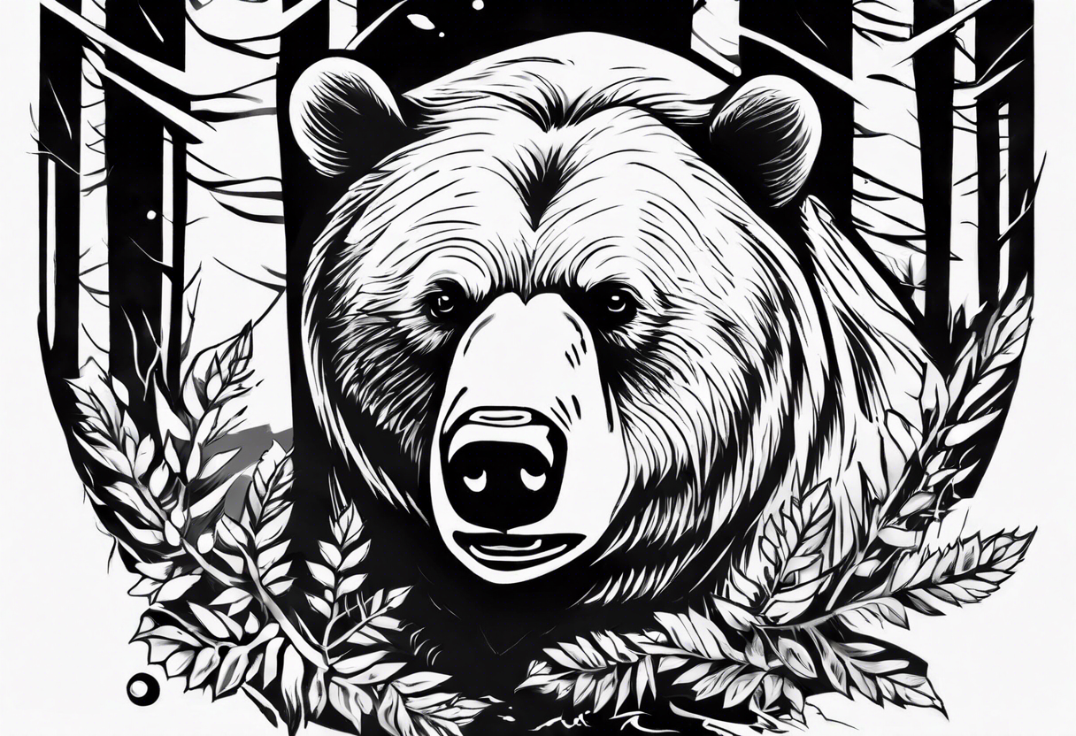 bear head, forest, lake, appalachia, arm sleeve tattoo tattoo idea