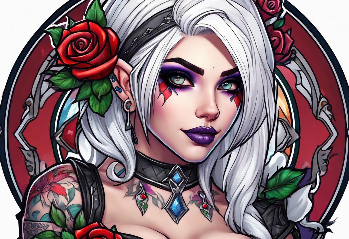 night elf from world of warcraft designed like harley quin with white hair and roses tattoo idea