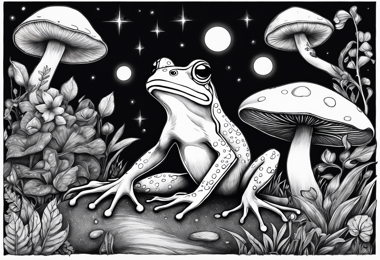 dancing frog on two feet under the moon mushroom in the Background mystical tattoo idea