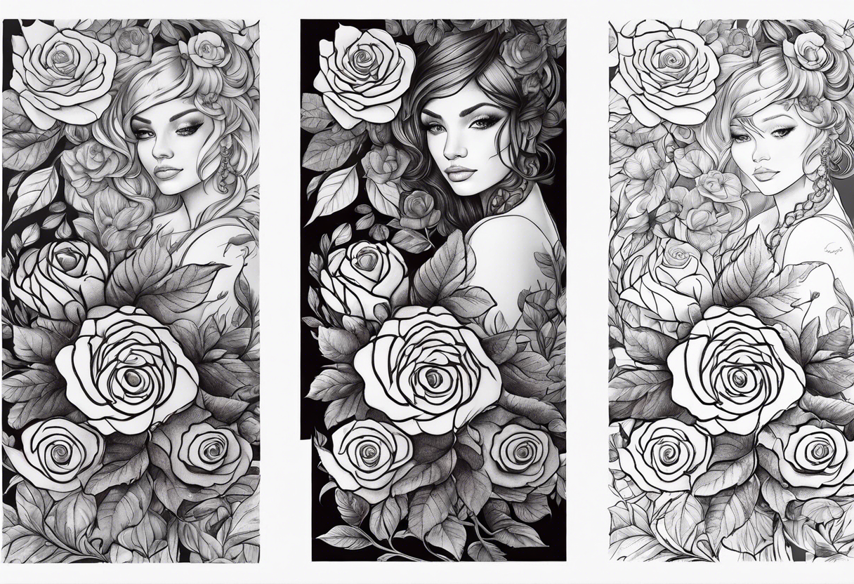 sleeve tattoo in fall colors with roses background swirls, leaves tattoo idea