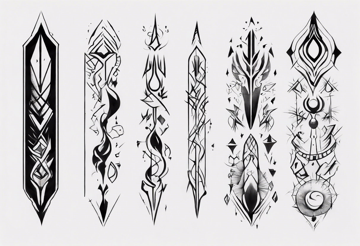 Generate a vertical tattoo design that incorporates abstract shapes and symbols to represent personal growth and evolution, suitable for placement on the back of the forearm tattoo idea