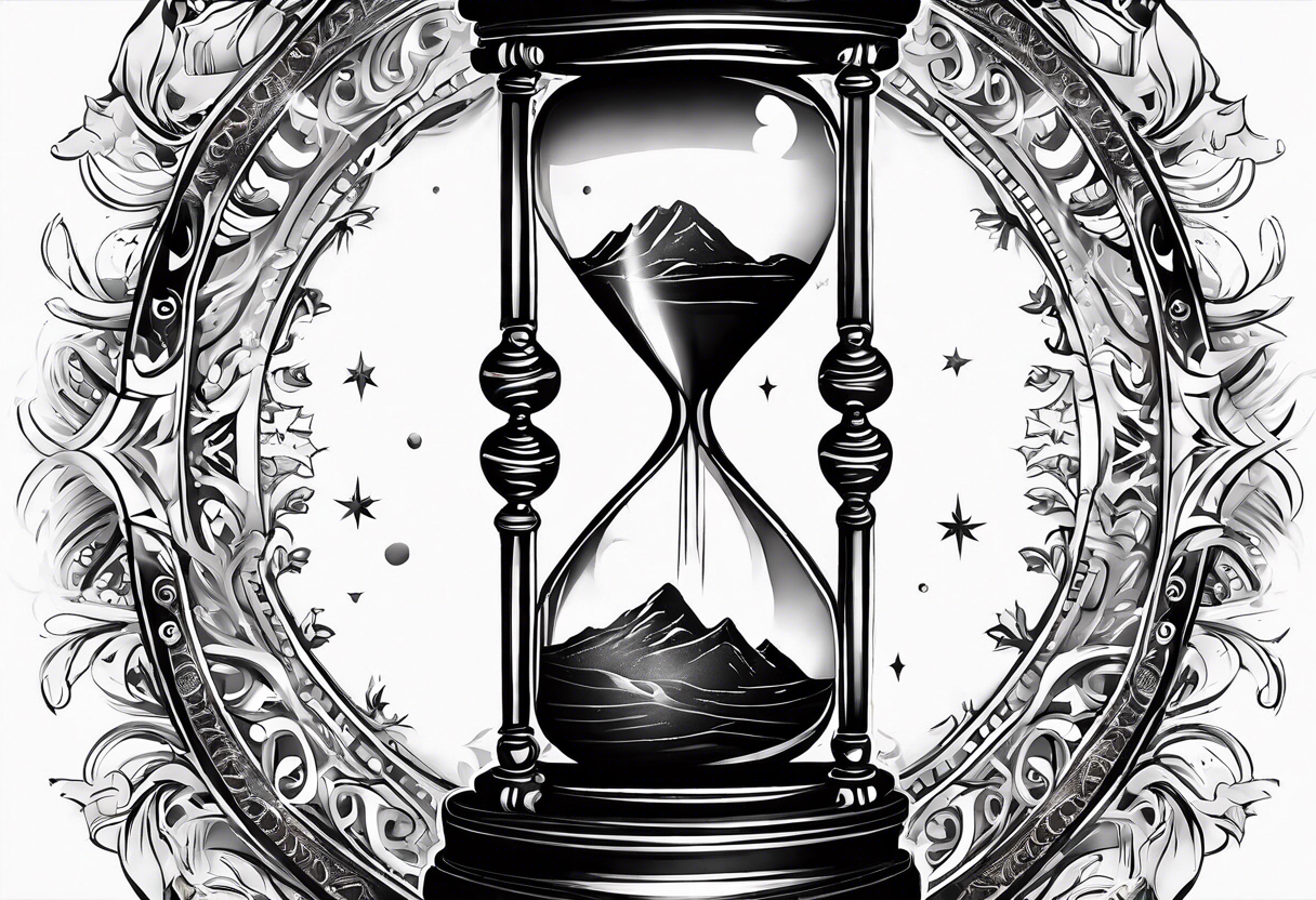 Hourglass with star stuff and cosmic dust exploding from the top and bottom of the hourglass. Long tattoo to fit on the forearm, mascuine tattoo idea