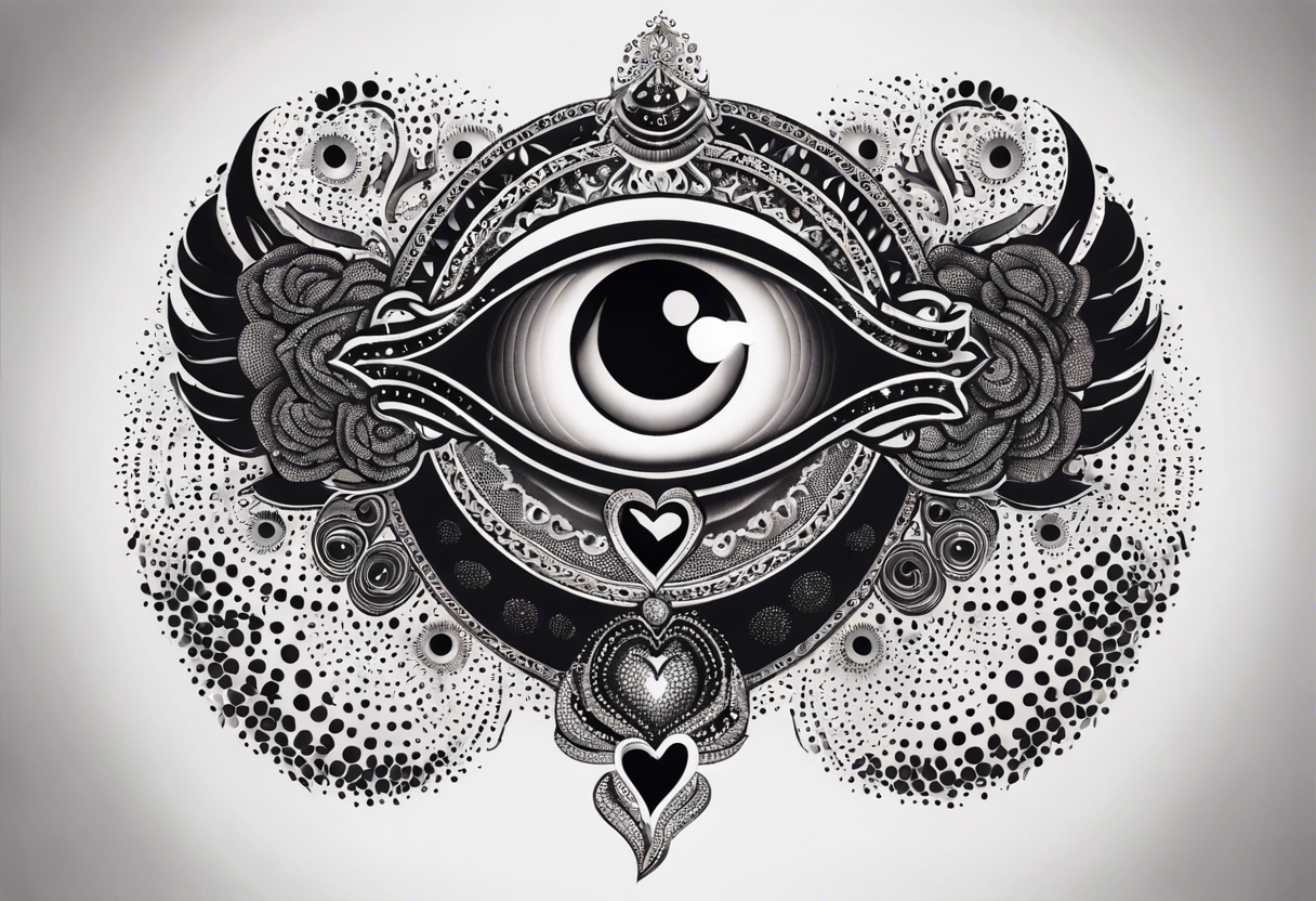 heart surrounded by ring of eyes tattoo idea